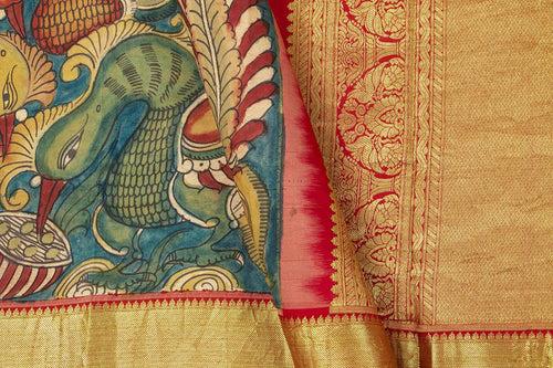 Blue And Red Handpainted Kalamkari Kanchipuram Silk Saree Pure Zari Morning Evening Border PKK 14