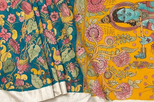 Blue And Yellow Floral Handpainted Kalamkari Mangalgiri Silk Saree Organic Dyes For Office Wear PKMS 68