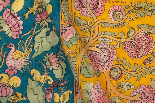 Blue And Yellow Floral Handpainted Kalamkari Mangalgiri Silk Saree Organic Dyes For Office Wear PKMS 68