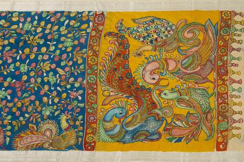 Blue And Yellow Handpainted Kalamkari Floral Pattern Mangalgiri Silk Saree Organic Dyes For Office Wear PKMS 64