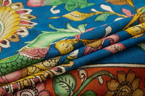 Blue And Yellow Handpainted Kalamkari Floral Pattern Mangalgiri Silk Saree Organic Dyes For Office Wear PKMS 64