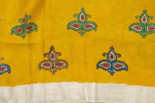Blue And Yellow Handpainted Kalamkari Floral Pattern Mangalgiri Silk Saree Organic Dyes For Office Wear PKMS 64