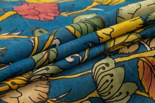 Blue And Yellow Handpainted Kalamkari Floral Print Mangalgiri Silk Saree Silver Zari Organic Dyes For Office Wear PKMS 60