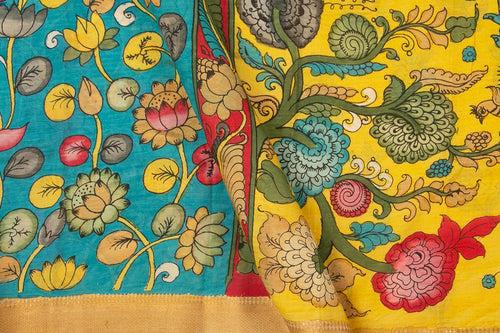Blue And Yellow Handpainted Kalamkari Mangalgiri Silk Saree Organic Dyes For Office Wear PKMS 55