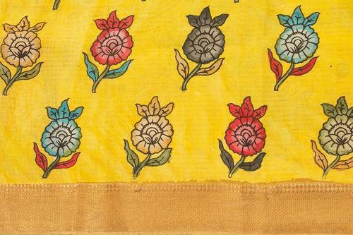 Blue And Yellow Handpainted Kalamkari Mangalgiri Silk Saree Organic Dyes For Office Wear PKMS 55