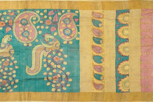 Blue Kalamkari Tussar Silk Saree Handpainted Floral And Peacock Patterns Organic Vegetable Dyes PT K VSR 106