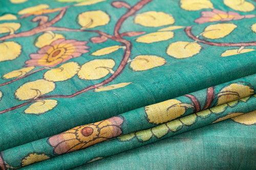 Blue Kalamkari Tussar Silk Saree Handpainted Floral And Peacock Patterns Organic Vegetable Dyes PT K VSR 106