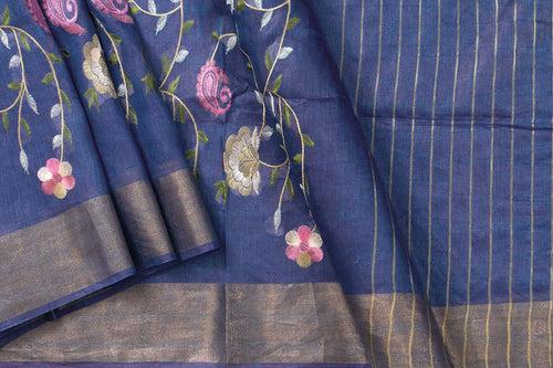 Blue Linen Saree With Embroidery And Silver Zari Border PL 2051