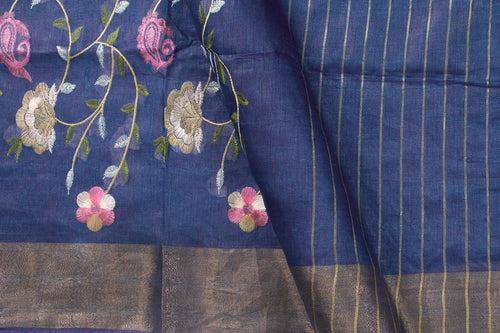 Blue Linen Saree With Embroidery And Silver Zari Border PL 2051
