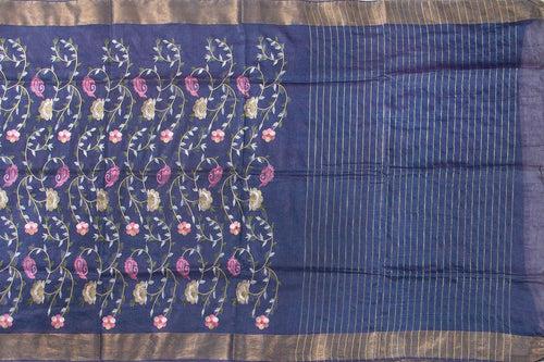 Blue Linen Saree With Embroidery And Silver Zari Border PL 2051