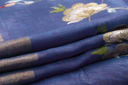 Blue Linen Saree With Embroidery And Silver Zari Border PL 2051