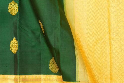 Green And Beige Kanchipuram Silk Saree With Gold floral motifs And Medium Border Handwoven Pure Silk For Wedding Wear PV 2032