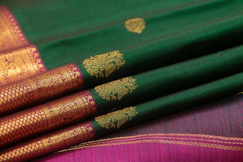 Green And Magenta Kanchipuram Silk Saree With Small Border Handwoven Pure Silk For Wedding Wear PV J 561