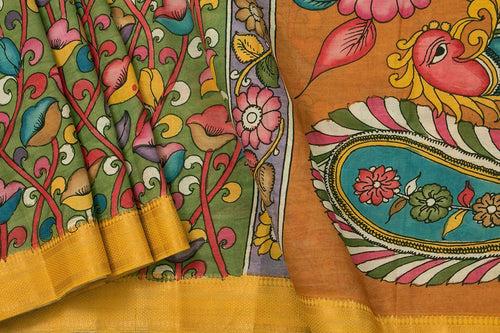 Green And Mustard Handpainted Kalamkari Mangalgiri Silk Saree Organic Dyes For Office Wear PKMS 67