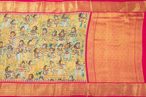 Green And Pink Handpainted Kalamkari Kanchipuram Silk Saree Village Theme Pure Zari PV VSR KK 101