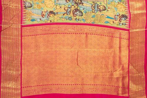 Green And Pink Handpainted Kalamkari Kanchipuram Silk Saree Village Theme Pure Zari PV VSR KK 101