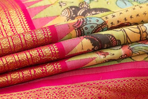 Green And Pink Handpainted Kalamkari Kanchipuram Silk Saree Village Theme Pure Zari PV VSR KK 101