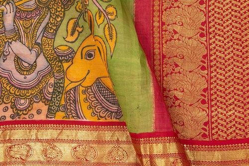 Green And Red Handpainted Kalamkari Kanchipuram Silk Saree Krishna Leela Theme Pure Zari PV VSR KK 105