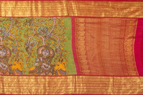 Green And Red Handpainted Kalamkari Kanchipuram Silk Saree Krishna Leela Theme Pure Zari PV VSR KK 105