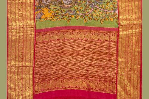 Green And Red Handpainted Kalamkari Kanchipuram Silk Saree Krishna Leela Theme Pure Zari PV VSR KK 105