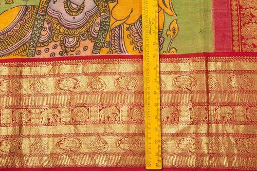 Green And Red Handpainted Kalamkari Kanchipuram Silk Saree Krishna Leela Theme Pure Zari PV VSR KK 105