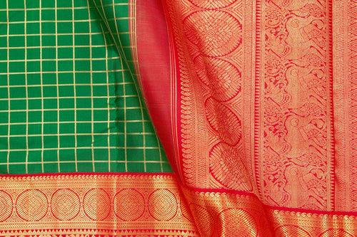 Green And Red Kanchipuram Silk Saree With Gold Zari Checks And Morning Evening Border Handwoven Pure Silk For Wedding Wear PV NYC 1051