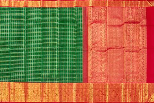 Green And Red Kanchipuram Silk Saree With Gold Zari Checks And Morning Evening Border Handwoven Pure Silk For Wedding Wear PV NYC 1051