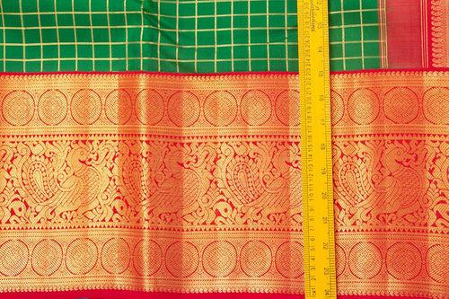 Green And Red Kanchipuram Silk Saree With Gold Zari Checks And Morning Evening Border Handwoven Pure Silk For Wedding Wear PV NYC 1051