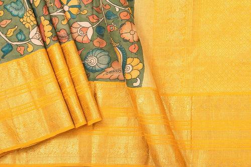 Green And Yellow Handpainted Kalamkari Kanchipuram Silk Saree Pure Zari Morning Evening Border PKK 17