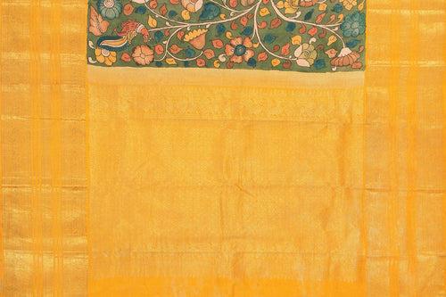 Green And Yellow Handpainted Kalamkari Kanchipuram Silk Saree Pure Zari Morning Evening Border PKK 17