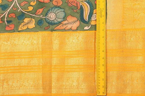 Green And Yellow Handpainted Kalamkari Kanchipuram Silk Saree Pure Zari Morning Evening Border PKK 17