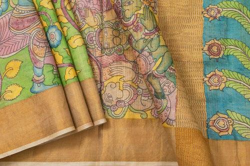 Green And Yellow Kalamkari Tussar Silk Saree Handpainted Floral And Rama Pattabishekam Patterns Organic Vegetable Dyes PT K VSR 117