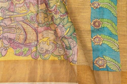 Green And Yellow Kalamkari Tussar Silk Saree Handpainted Floral And Rama Pattabishekam Patterns Organic Vegetable Dyes PT K VSR 117