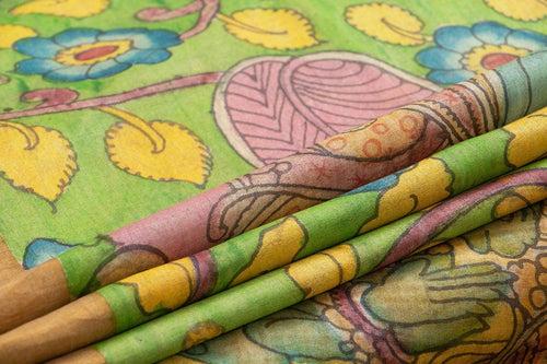 Green And Yellow Kalamkari Tussar Silk Saree Handpainted Floral And Rama Pattabishekam Patterns Organic Vegetable Dyes PT K VSR 117