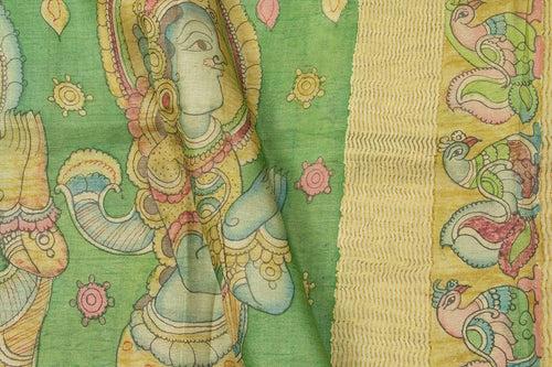 Green Kalamkari Tussar Silk Saree Handpainted Dancing Girl Patterns Organic Vegetable Dyes PT K VSR 105