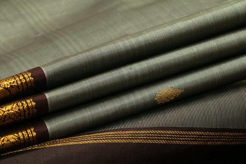 Grey And Brown Kanchipuram Silk Saree With Small Border Handwoven Pure Silk For Festive Wear PV J 564