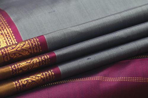 Grey And Magenta Kanchipuram Silk Saree With Short Border Handwoven Pure Silk For Festive Wear PV J 433