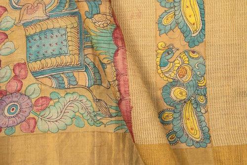 Maroon And Beige Kalamkari Tussar Silk Saree Handpainted Floral, Peacock And Elephant Patterns Organic Vegetable Dyes PT K VSR 108