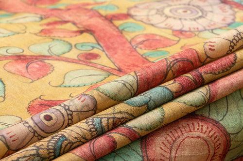 Maroon And Beige Kalamkari Tussar Silk Saree Handpainted Floral, Peacock And Elephant Patterns Organic Vegetable Dyes PT K VSR 108