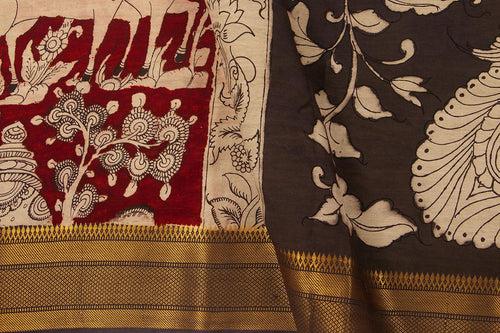 Maroon And Black Kalamkari Bangalore Silk Saree With Zari Border Handpainted Organic Dyes For Office Wear PV KBS VSR 102