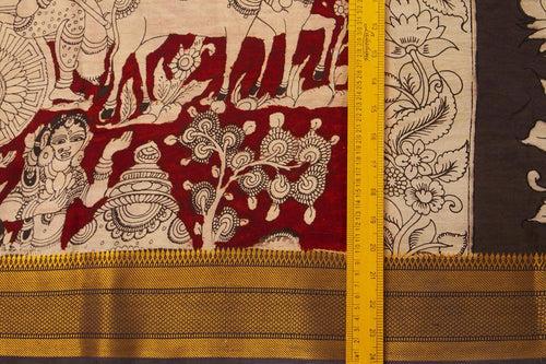 Maroon And Black Kalamkari Bangalore Silk Saree With Zari Border Handpainted Organic Dyes For Office Wear PV KBS VSR 102