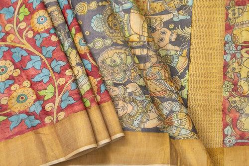 Maroon And Black Kalamkari Tussar Silk Saree Handpainted Floral Patterns Organic Vegetable Dyes PT K VSR 104