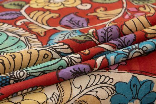 Maroon And Mustard Handpainted Kalamkari Mangalgiri Silk Saree Organic Dyes For Office Wear PKMS 69