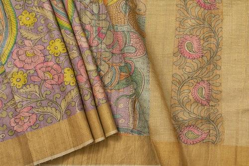 Mauve And Beige Kalamkari Tussar Silk Saree Handpainted Floral Patterns Organic Vegetable Dyes PT K VSR 112