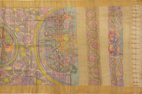 Mauve And Beige Kalamkari Tussar Silk Saree Handpainted Floral Patterns Organic Vegetable Dyes PT K VSR 112