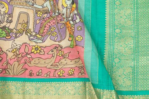 Mauve And Sea Green Handpainted Kalamkari Kanchipuram Silk Saree Ramayana Theme Pure Zari PV VSR KK 106