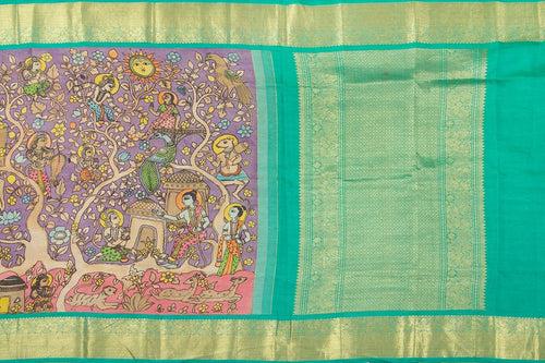 Mauve And Sea Green Handpainted Kalamkari Kanchipuram Silk Saree Ramayana Theme Pure Zari PV VSR KK 106