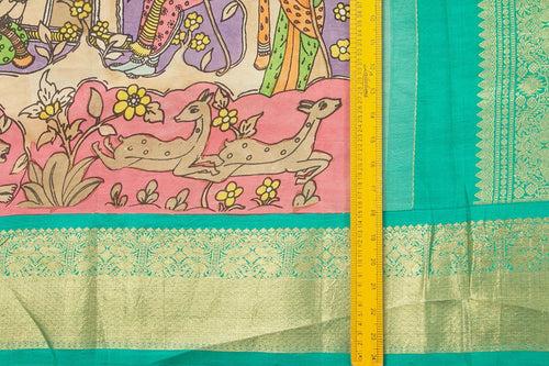 Mauve And Sea Green Handpainted Kalamkari Kanchipuram Silk Saree Ramayana Theme Pure Zari PV VSR KK 106