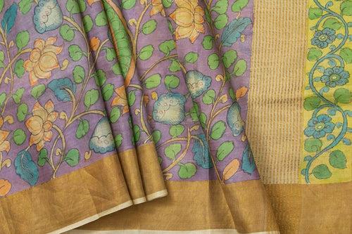 Mauve And YellowKalamkari Tussar Silk Saree Handpainted Floral Patterns Organic Vegetable Dyes PT K VSR 114