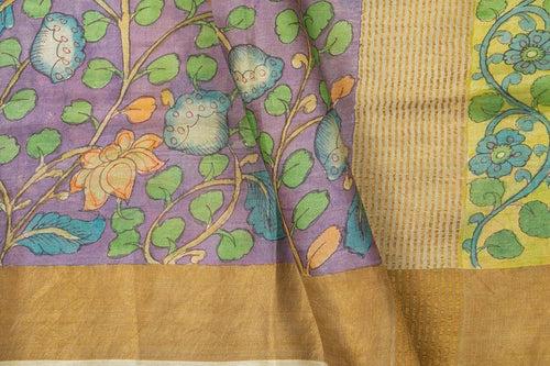 Mauve And YellowKalamkari Tussar Silk Saree Handpainted Floral Patterns Organic Vegetable Dyes PT K VSR 114